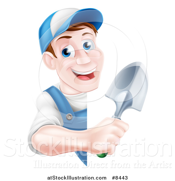 Vector Illustration of a Happy Middle Aged Brunette White Male Gardener in Blue, Holding a Shovel Around a Sign