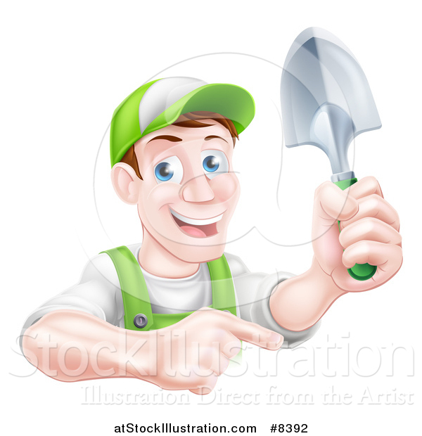 Vector Illustration of a Happy Middle Aged Brunette White Male Gardener in Green, Pointing and Holding a Shovel