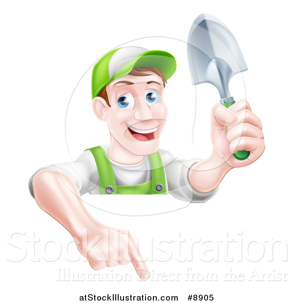 Vector Illustration of a Happy Middle Aged Brunette White Male Gardener in Green, Pointing down over a Sign and Holding a Shovel