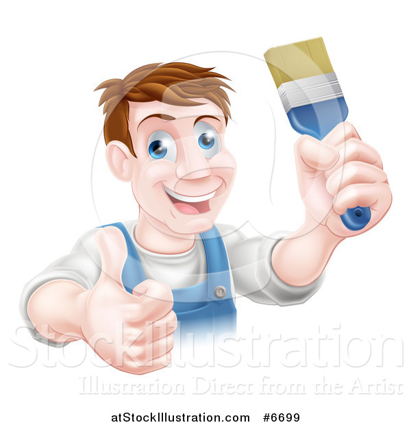 Vector Illustration of a Happy Middle Aged Brunette White Male House Painter Holding a Brush and a Thumb up