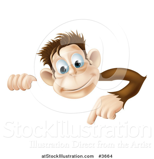 Vector Illustration of a Happy Monkey Looking over and Pointing down at a Sign