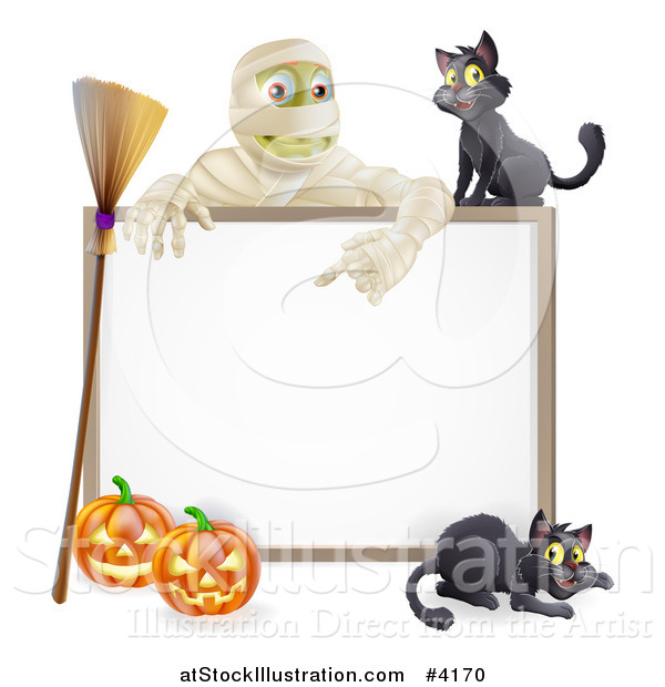 Vector Illustration of a Happy Mummy and a Black Cat over a Halloween Sign with a Broomstick and Pumpkins