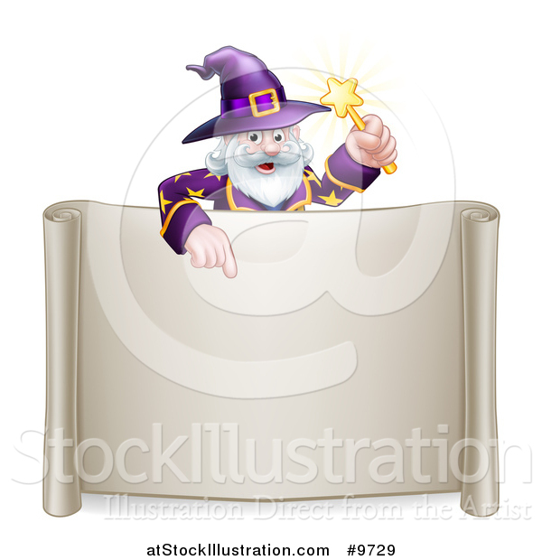 Vector Illustration of a Happy Old Bearded Wizard Holding a Magic Wand and Pointing down over a Blank Scroll Sign