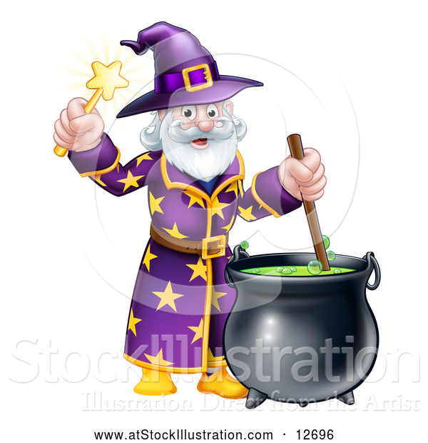 Vector Illustration of a Happy Old Bearded Wizard Mixing a Potion and Holding a Wand