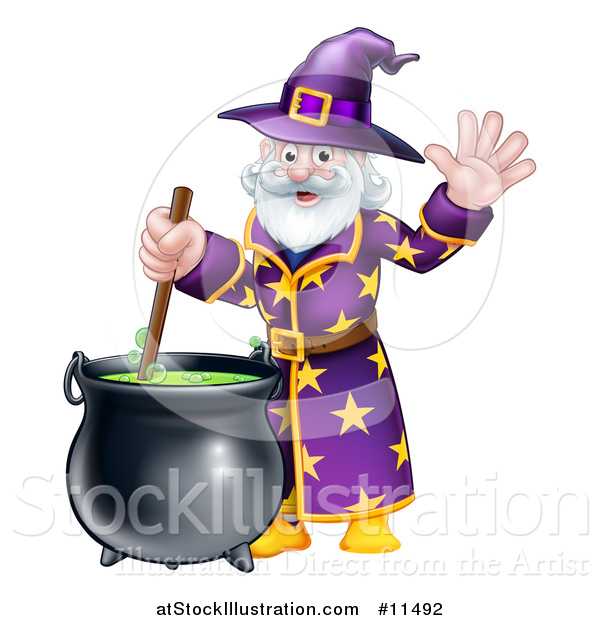 Vector Illustration of a Happy Old Bearded Wizard Mixing a Potion and Waving