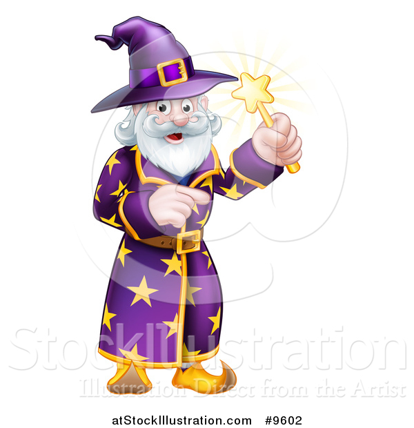 Vector Illustration of a Happy Old Bearded Wizard Pointing and Holding up a Magic Wand