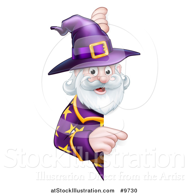 Vector Illustration of a Happy Old Bearded Wizard Pointing Around a Sign