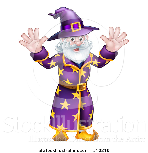 Vector Illustration of a Happy Old Bearded Wizard Waving with Both Hands