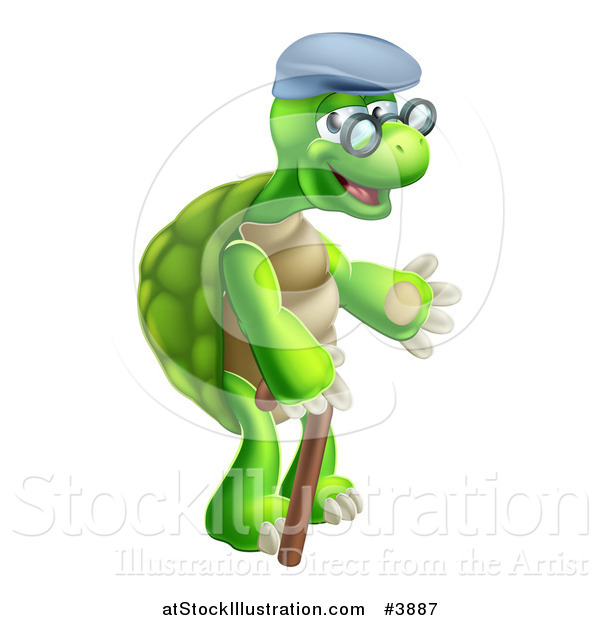 Vector Illustration of a Happy Old Tortoise Walking with a Cane