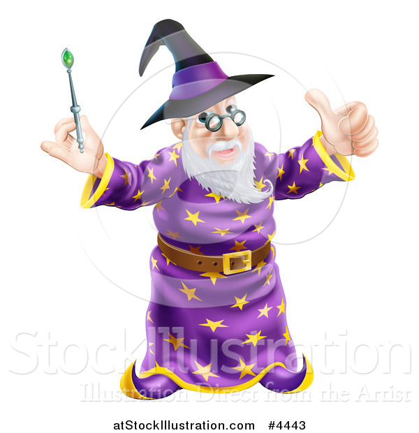 Vector Illustration of a Happy Old Wizard Holding a Thumb up and Magic Wand