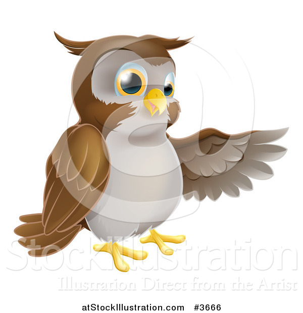 Vector Illustration of a Happy Owl Presenting or Pointing with His Wing