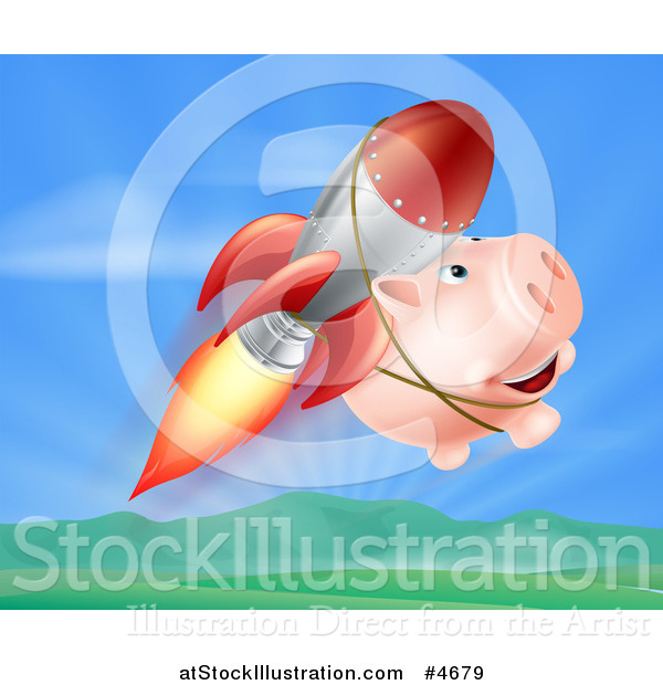 Vector Illustration of a Happy Pig Flying with a Rocket over a Valley