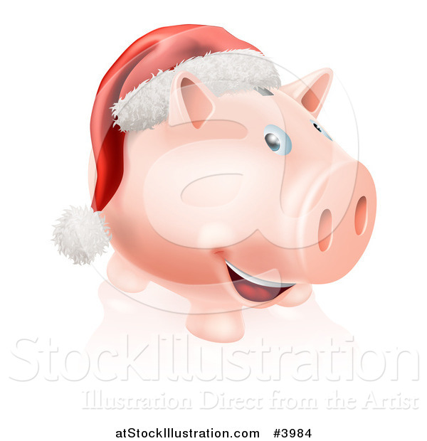 Vector Illustration of a Happy Piggy Bank with a Christmas Santa Hat