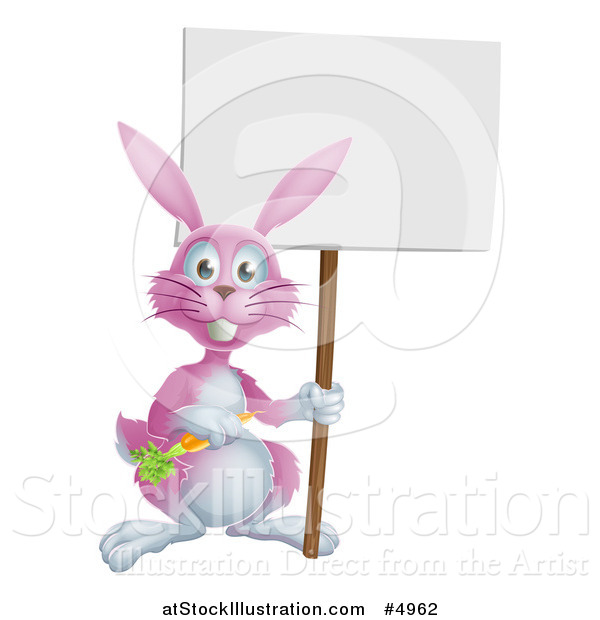 Vector Illustration of a Happy Pink Bunny Rabbit Holding a Carrot and Blank Sign