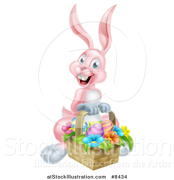 Vector Illustration of a Happy Pink Easter Bunny Rabbit with a Basket of Eggs and Flowers