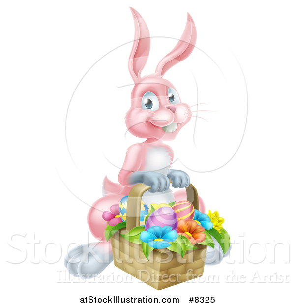 Vector Illustration of a Happy Pink Easter Bunny with a Basket of Eggs and Flowers