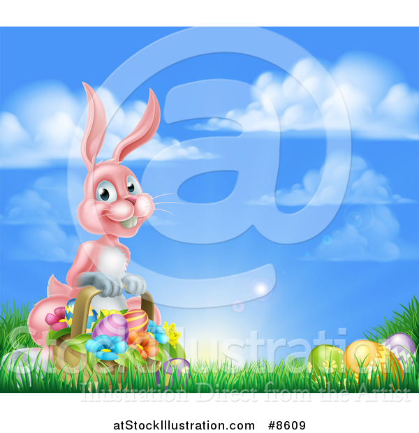 Vector Illustration of a Happy Pink Easter Bunny with a Basket of Eggs and Flowers in the Grass, Against a Blue Sky