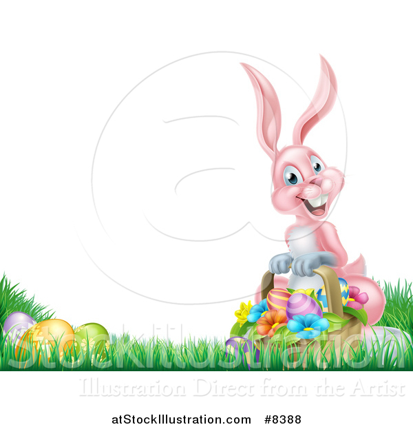 Vector Illustration of a Happy Pink Easter Bunny with a Basket of Eggs and Flowers in the Grass, with White Text Space