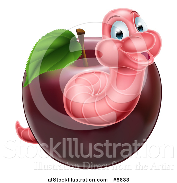 Vector Illustration of a Happy Pink Worm Emerging from a Red Apple