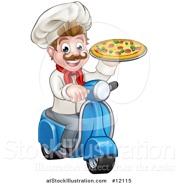 Vector Illustration of a Happy Pizza Delivery Chef Holding up a Pie on a Scooter