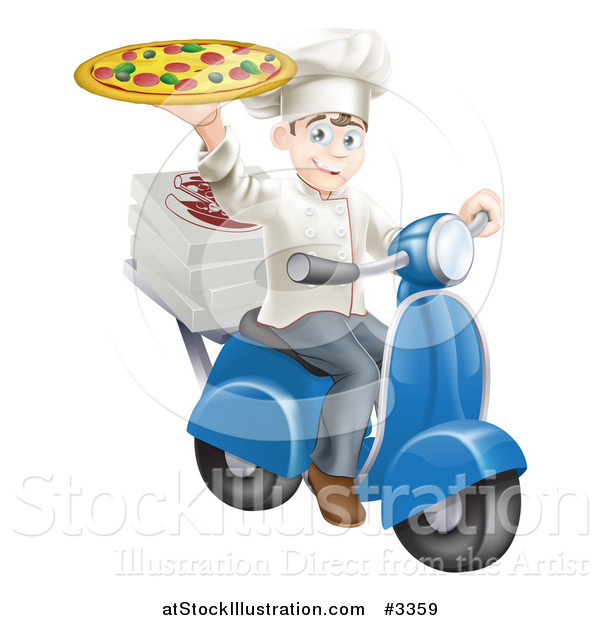 Vector Illustration of a Happy Pizza Delivery Chef Holding up a Pie on a Scooter