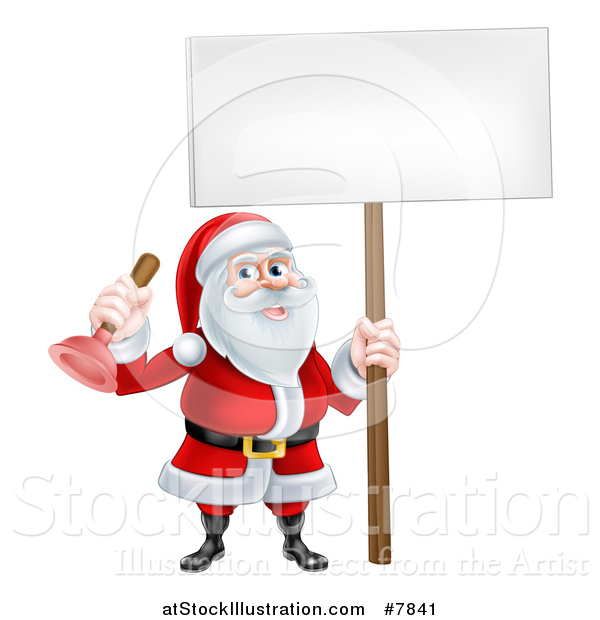 Vector Illustration of a Happy Plumber Christmas Santa Claus Holding a Plunger and Blank Sign
