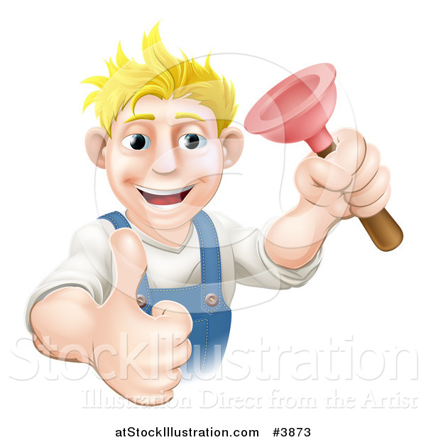 Vector Illustration of a Happy Plumber Holding a Plunger and a Thumb up