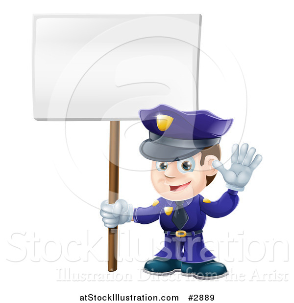 Vector Illustration of a Happy Police Officer Waving and Holding a Sign