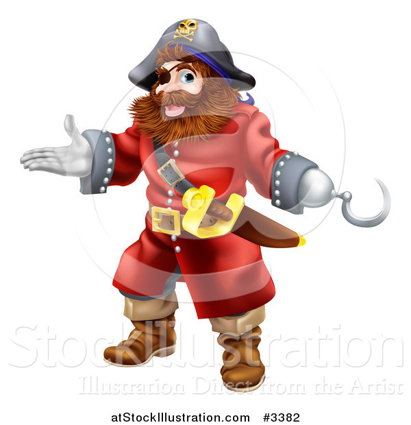 Vector Illustration of a Happy Presenting Male Pirate with a Hook Hand