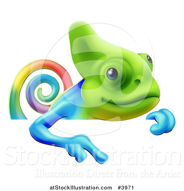 Vector Illustration of a Happy Rainbow Chameleon Lizard Pointing down at a Sign