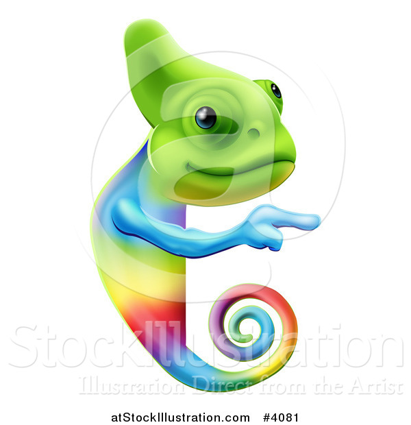 Vector Illustration of a Happy Rainbow Chameleon Lizard Pointing to a Sign