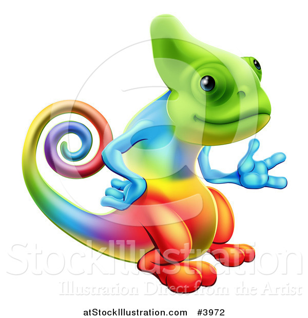 Vector Illustration of a Happy Rainbow Chameleon Lizard Presenting