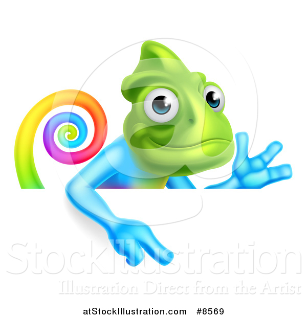 Vector Illustration of a Happy Rainbow Chameleon Lizard Waving or Presenting and Pointing down over a Sign