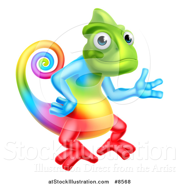 Vector Illustration of a Happy Rainbow Chameleon Lizard Waving or Presenting