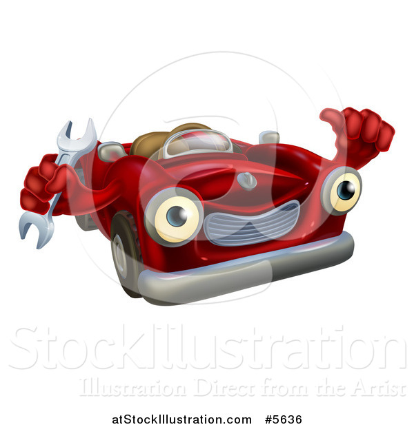 Vector Illustration of a Happy Red Car Character Mechanic Holding a Wrench and Thumb up