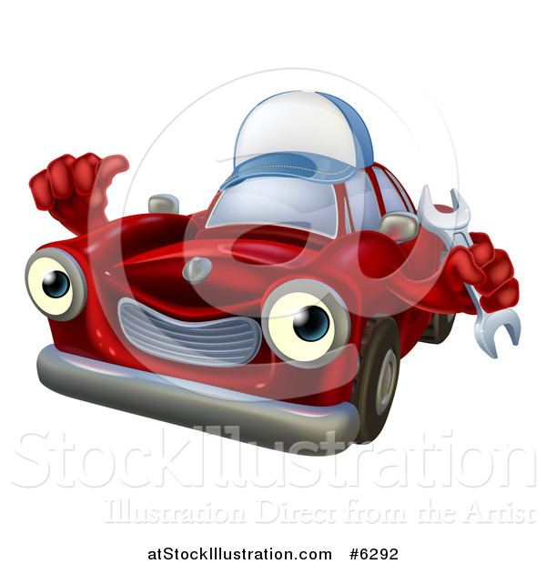 Vector Illustration of a Happy Red Car Character Wearing a Hat, Holding a Wrench and Thumb up