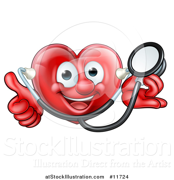 Vector Illustration of a Happy Red Love Heart Character with a Stethoscope, Giving a Thumb up