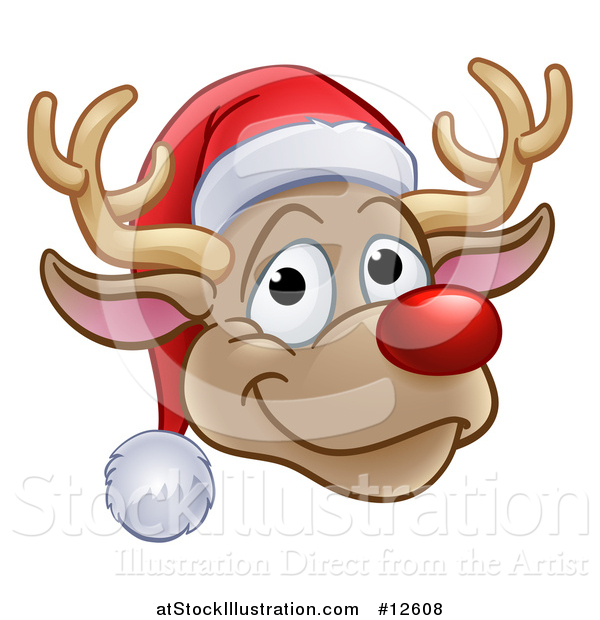 Vector Illustration of a Happy Red Nosed Reindeer Face Wearing a Christmas Santa Hat