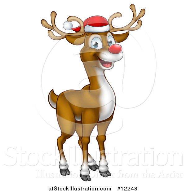 Vector Illustration of a Happy Red Nosed Reindeer Wearing a Christmas Santa Hat