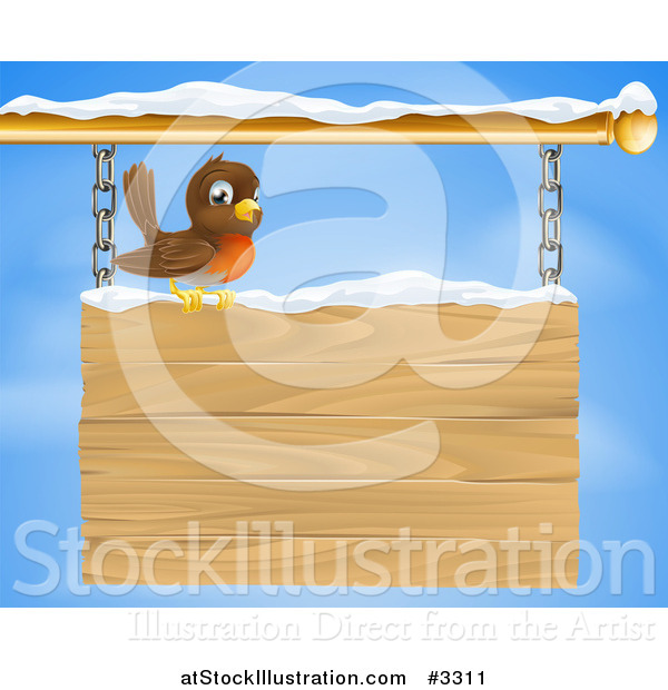 Vector Illustration of a Happy Robin Bird with Snow on a Wood Sign Against the Sky