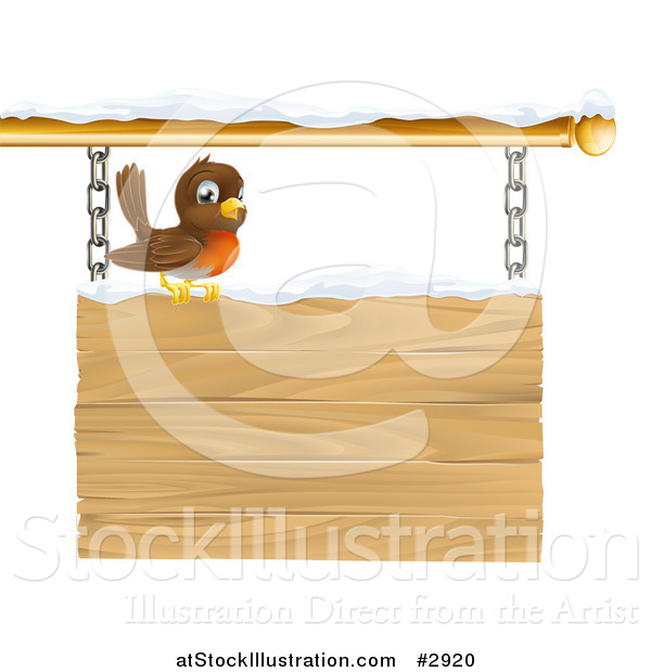 Vector Illustration of a Happy Robin Perched on a Winter Sign with Snow