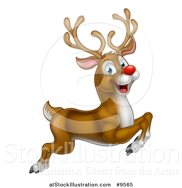 Vector Illustration of a Happy Rudolph Red Nosed Reindeer Leaping or Flying