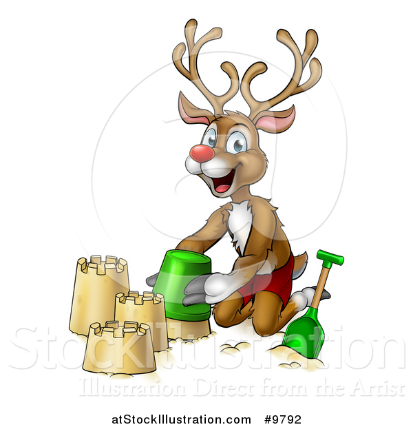 Vector Illustration of a Happy Rudolph Red Nosed Reindeer Making a Sand Castle