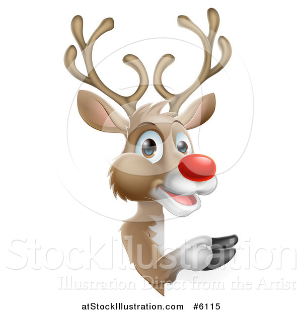 Vector Illustration of a Happy Rudolph Red Nosed Reindeer Pointing Around a Sign