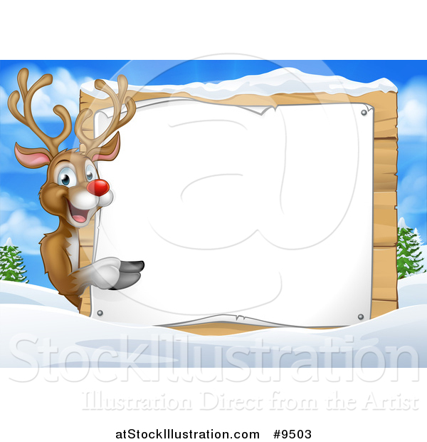 Vector Illustration of a Happy Rudolph Red Nosed Reindeer Pointing Around a Sign over a Winter Landscape