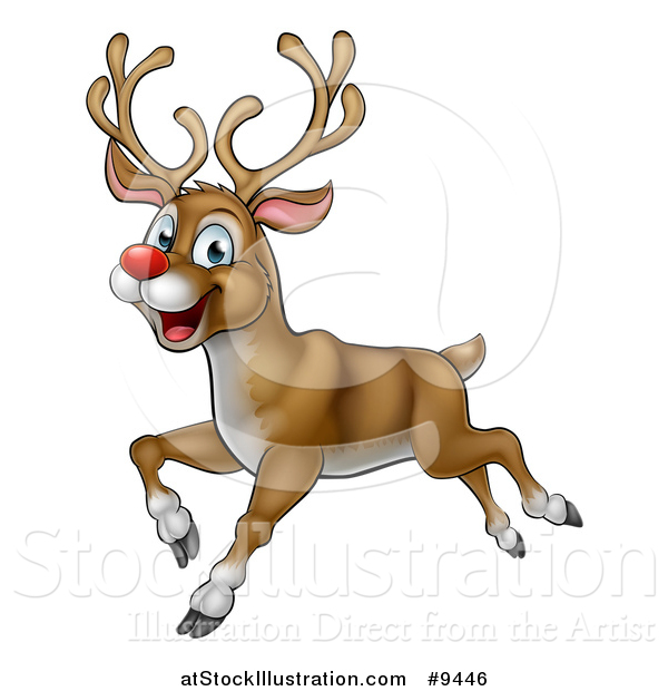 Vector Illustration of a Happy Rudolph Red Nosed Reindeer Running or Flying