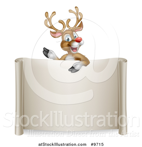 Vector Illustration of a Happy Rudolph Red Nosed Reindeer Waving over a Blank Scroll Sign