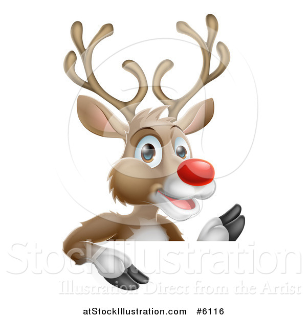 Vector Illustration of a Happy Rudolph Red Nosed Reindeer Waving over a Sign