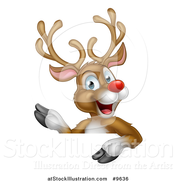 Vector Illustration of a Happy Rudolph Red Nosed Reindeer Waving over a Sign