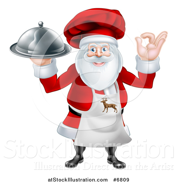 Vector Illustration of a Happy Santa Claus Chef Gesturing Ok and Holding a Food Cloche Platter
